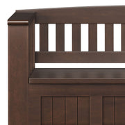 Brown Acadian entryway storage bench with shelf by Simpli-Home, featuring a wooden finish and comfortable seating area.