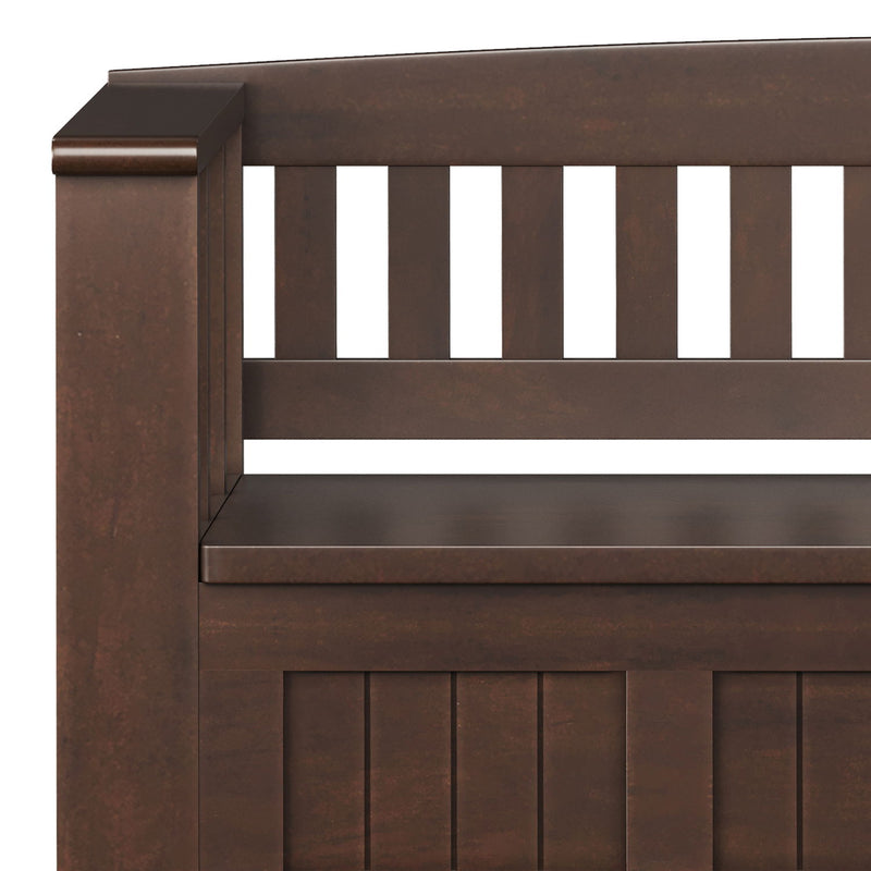 Brown Acadian entryway storage bench with shelf by Simpli-Home, featuring a wooden finish and comfortable seating area.