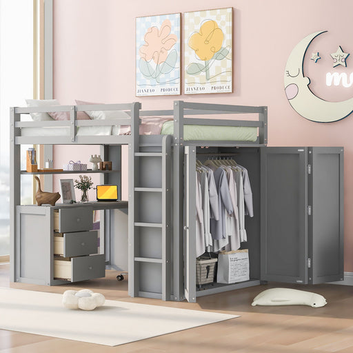 DreamHaus loft bed with built-in drawers, desk, and wardrobe for space-saving bedroom organization.