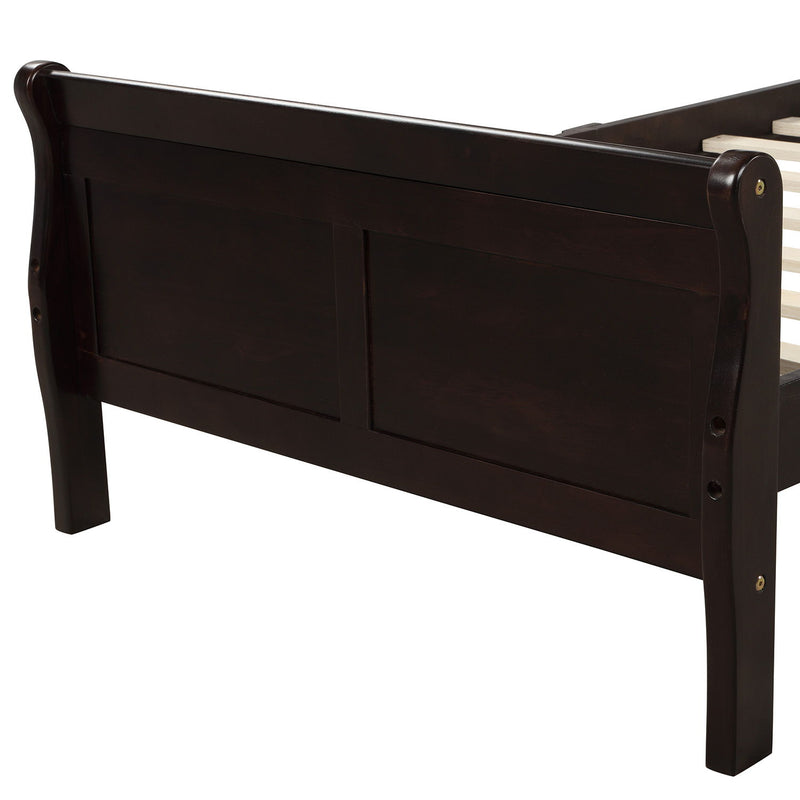 DreamHaus platform bed frame with sleigh design, wooden slat support, headboard, footboard, and sturdy construction.