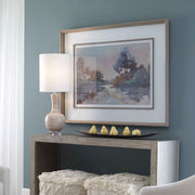Watercolor framed print titled Morning Lake by Uttermost featuring a serene blue lakeside scene, ready for wall display.