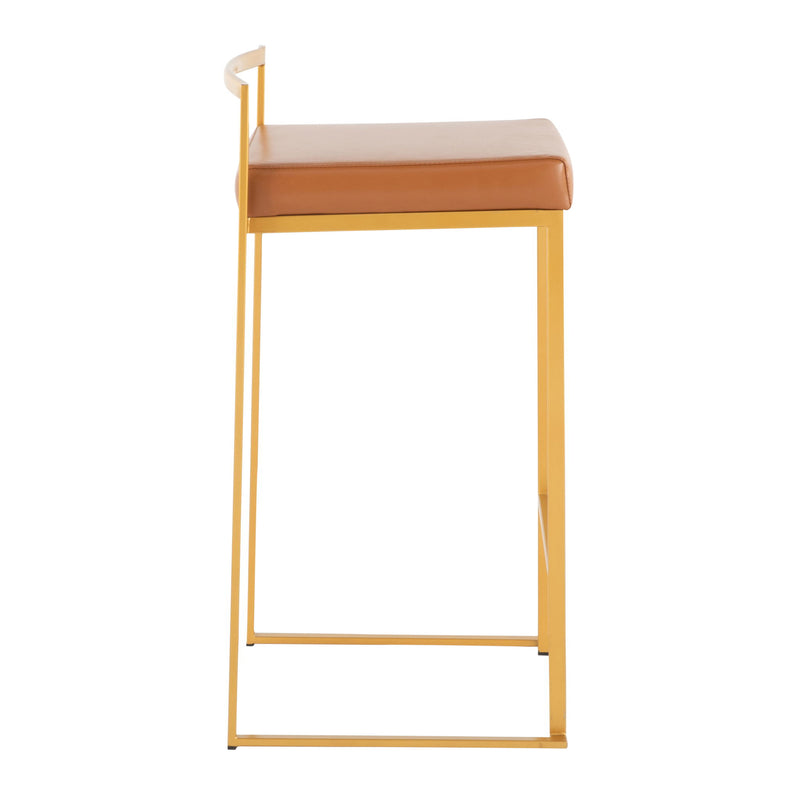 Pair of Lumi Source Fuji contemporary glam counter stools with sleek design, featuring upholstered seats and modern metal legs.