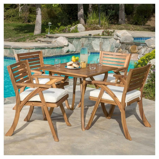 Outdoor Hermosa 5 Piece Wood Dining Set With Cushions - Teak / Beige - R&R Furniture Gallery (Fountain Valley, CA)