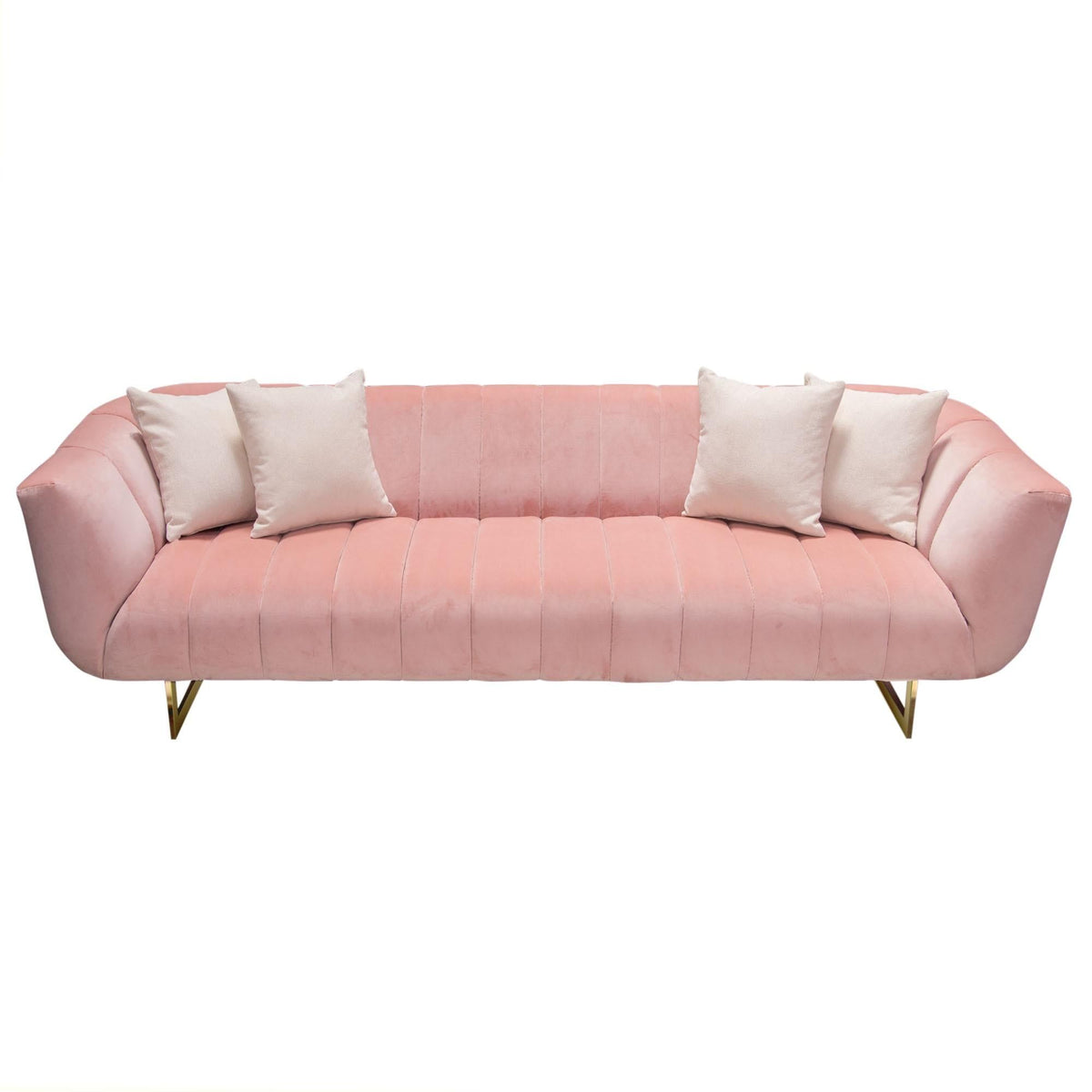 Venus Sofa in Blush Pink Velvet w/ Contrasting Pillows & Gold Finished Metal Base by Diamond Sofa