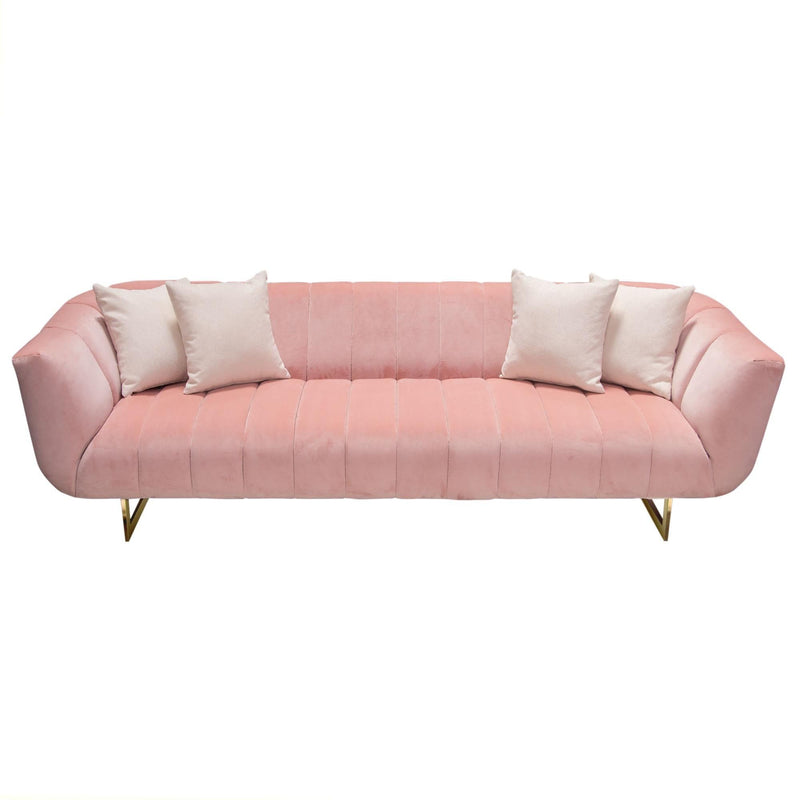 Venus Sofa in Blush Pink Velvet w/ Contrasting Pillows & Gold Finished Metal Base by Diamond Sofa