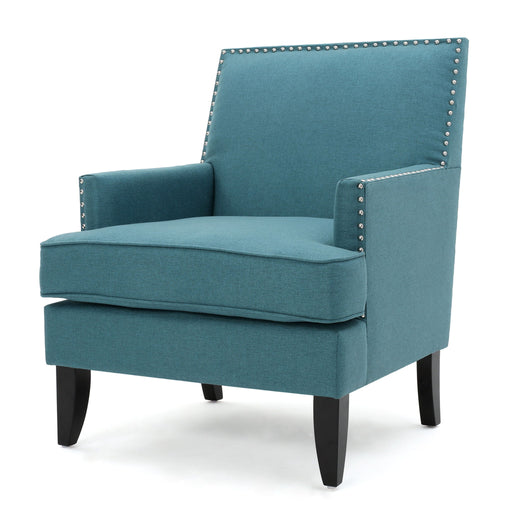 Noble House Serenada fabric club arm chair with nailhead trim, tapered birch legs, stylish upholstery, and comfortable design.