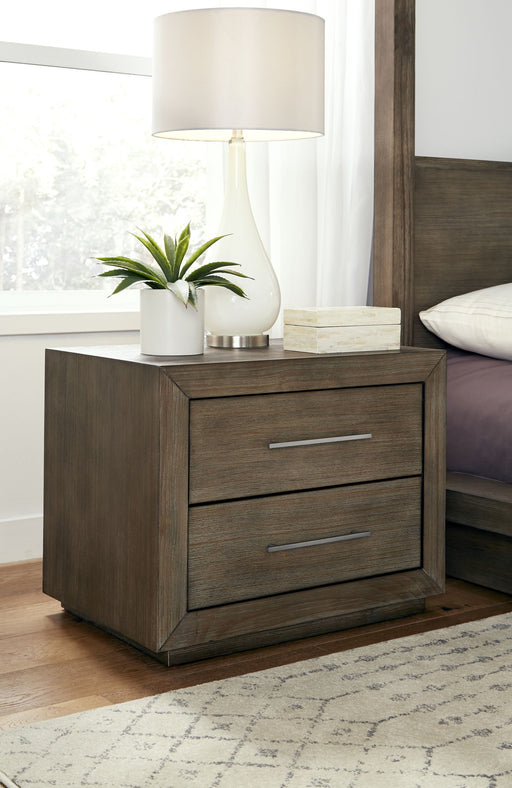 Melbourne dark pine two-drawer nightstand by Modus with built-in USB ports, featuring a sleek standalone design and modern style.