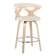 Set of two Lumi Source Gardenia mid-century modern counter stools with swivel seats, featuring sleek wooden legs and upholstered seats.