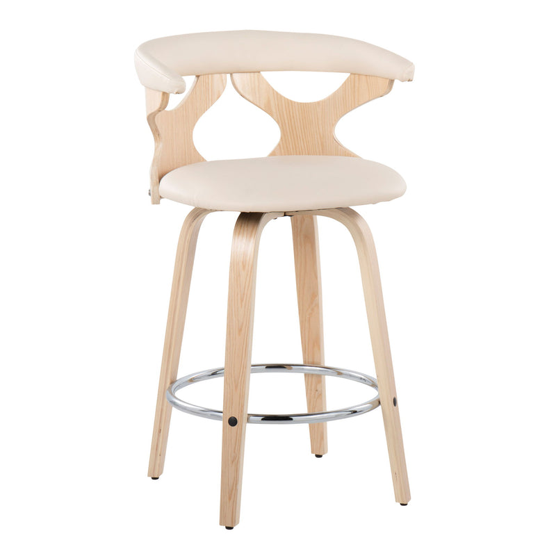 Set of two Lumi Source Gardenia mid-century modern counter stools with swivel seats, featuring sleek wooden legs and upholstered seats.