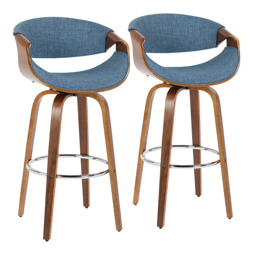 Pair of Lumi Source Curvini Mid-Century Modern fixed-height barstools with swivel seats, set of 2, featuring sleek wooden legs.