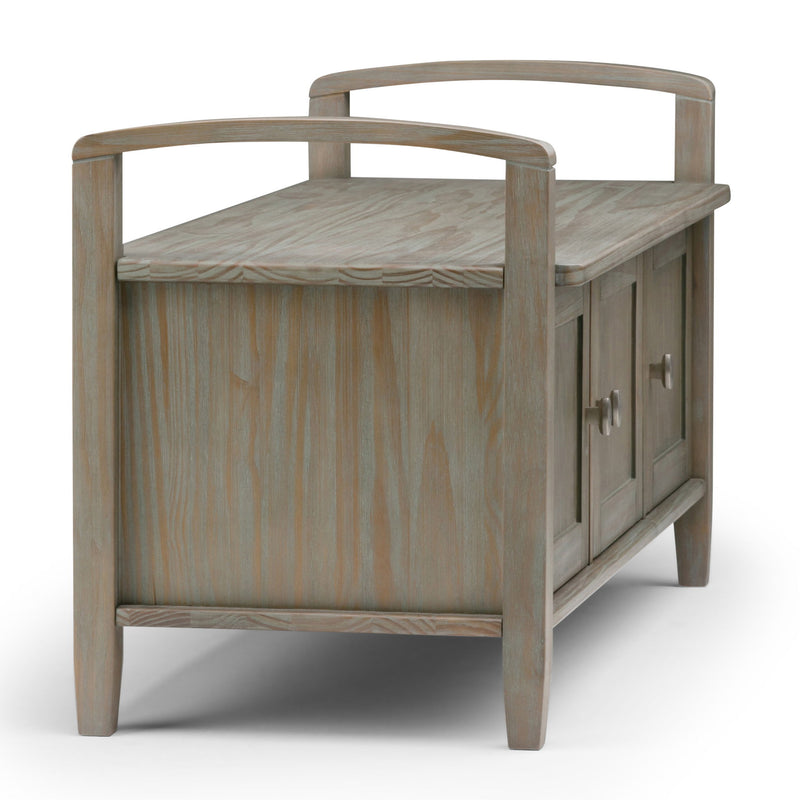 Handcrafted Warm Shaker storage bench by Simpli-Home featuring a wooden finish, sturdy design, and built-in storage space.