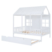 DreamHaus house bed with twin-size trundle and daybed, featuring a cozy wooden frame and playful design for kids' bedroom.