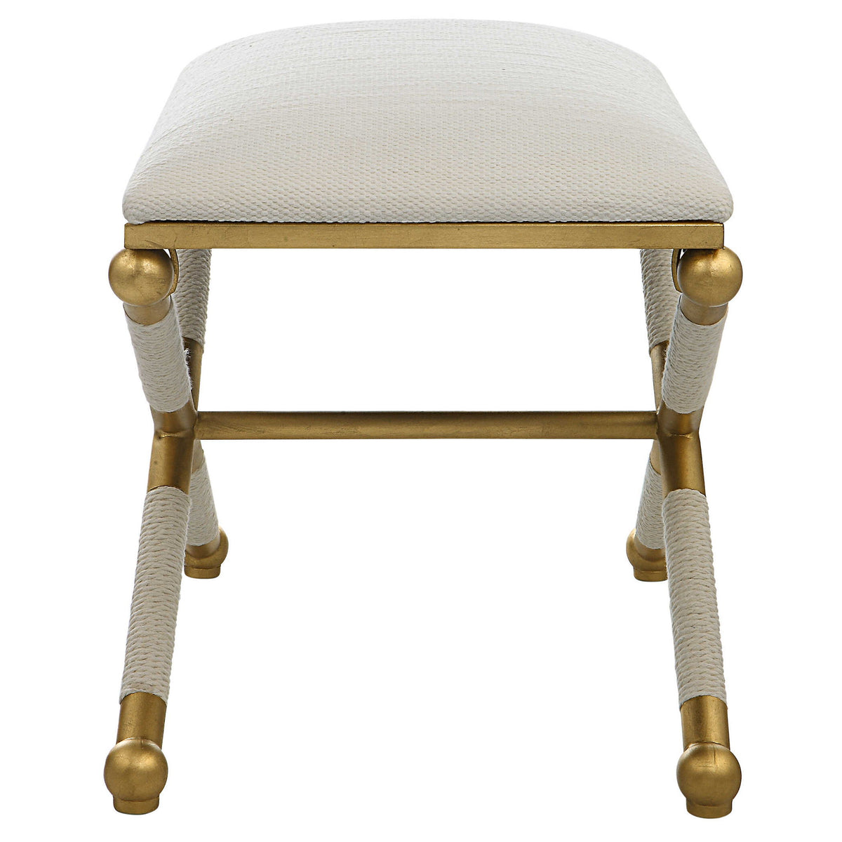 Uttermost Socialite small beige accent bench with wooden legs, ideal for entryways or living room decor.