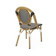 Outdoor rattan and aluminum French bistro chair set by Noble House, featuring stylish woven seats and sleek metal frames.