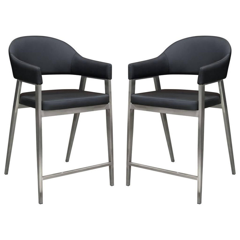 Adele Set of Two Counter Height Chairs in Black Leatherette w/ Brushed Stainless Steel Leg
