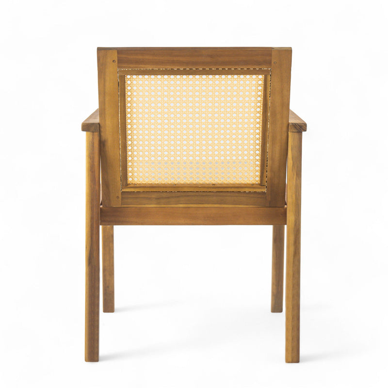 Noble House Preston outdoor dining chair set with teak frames and beige cushions, two chairs shown for patio or garden use.