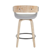 Pair of Lumi Source Elisa farmhouse counter stools in white washed and gray with wooden legs, set of 2.