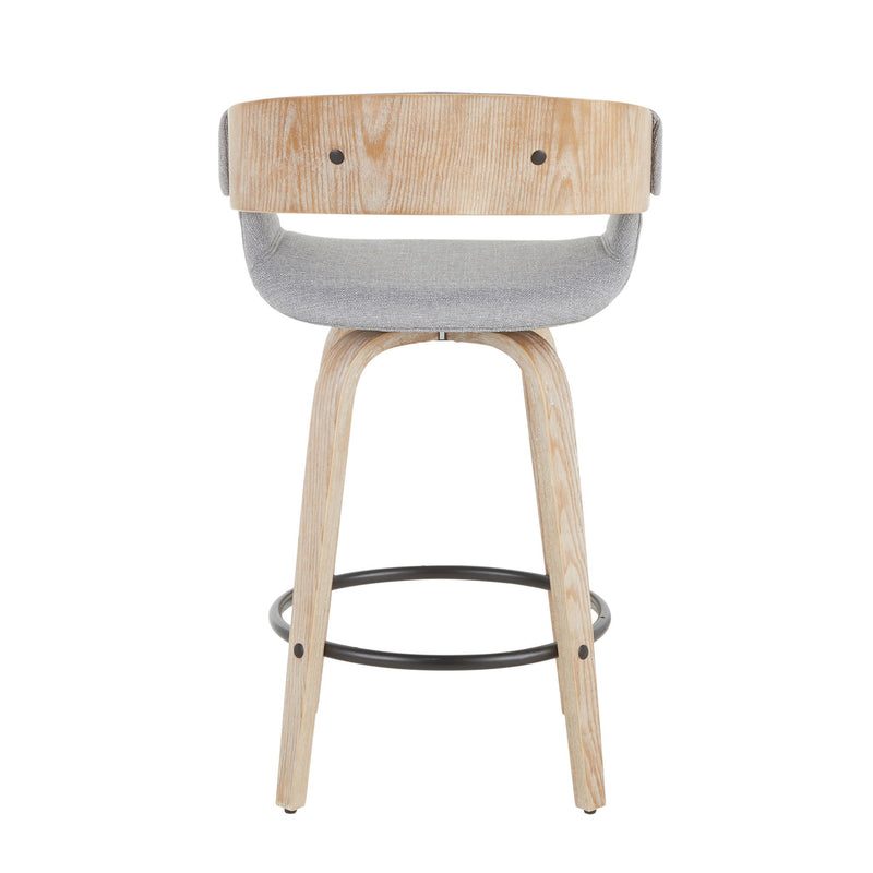 Pair of Lumi Source Elisa farmhouse counter stools in white washed and gray with wooden legs, set of 2.