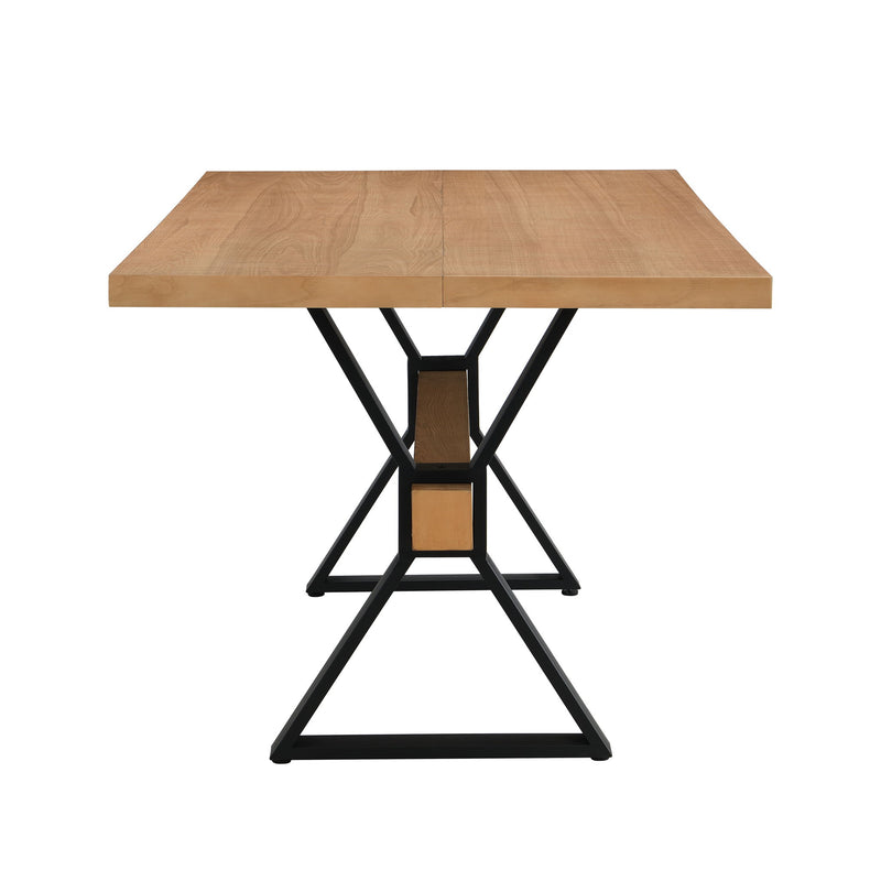 Farmhouse style dining table with X-shaped legs and metal accents, featuring a natural wood finish by Noble House.