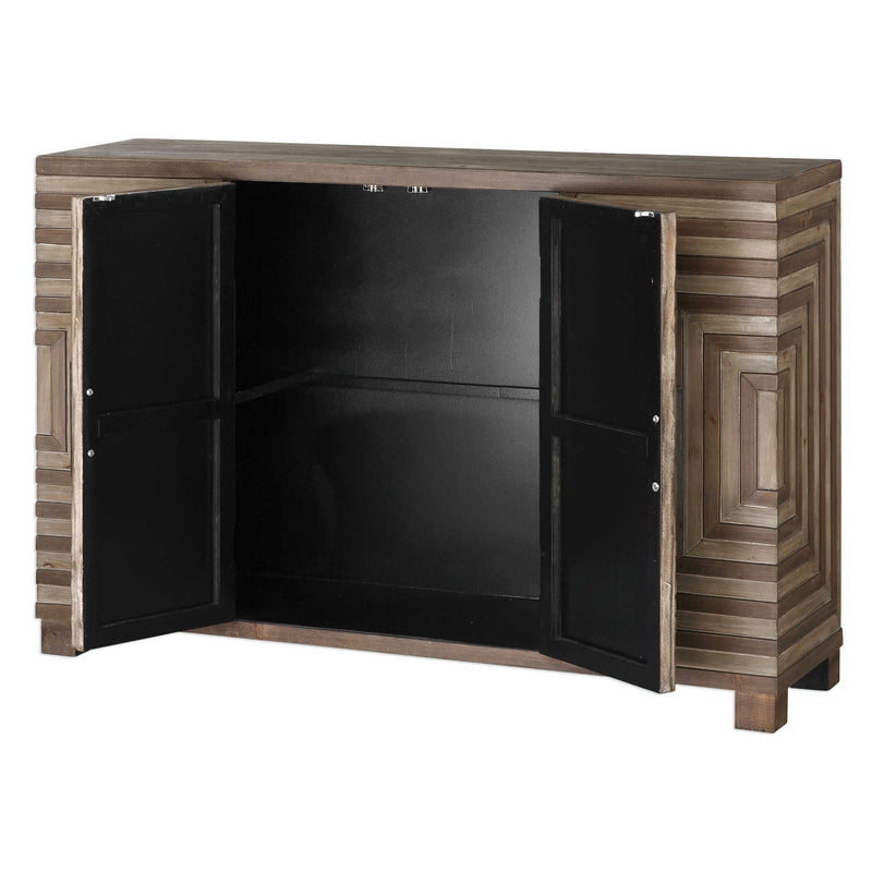 Uttermost Layton Geometric Console Cabinet in light brown wood with modern geometric design for stylish accent storage.