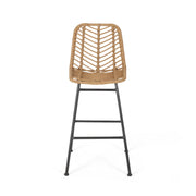Set of two Noble House Sawtelle outdoor wicker barstools with cushioned seats and metal frames, perfect for patio seating.