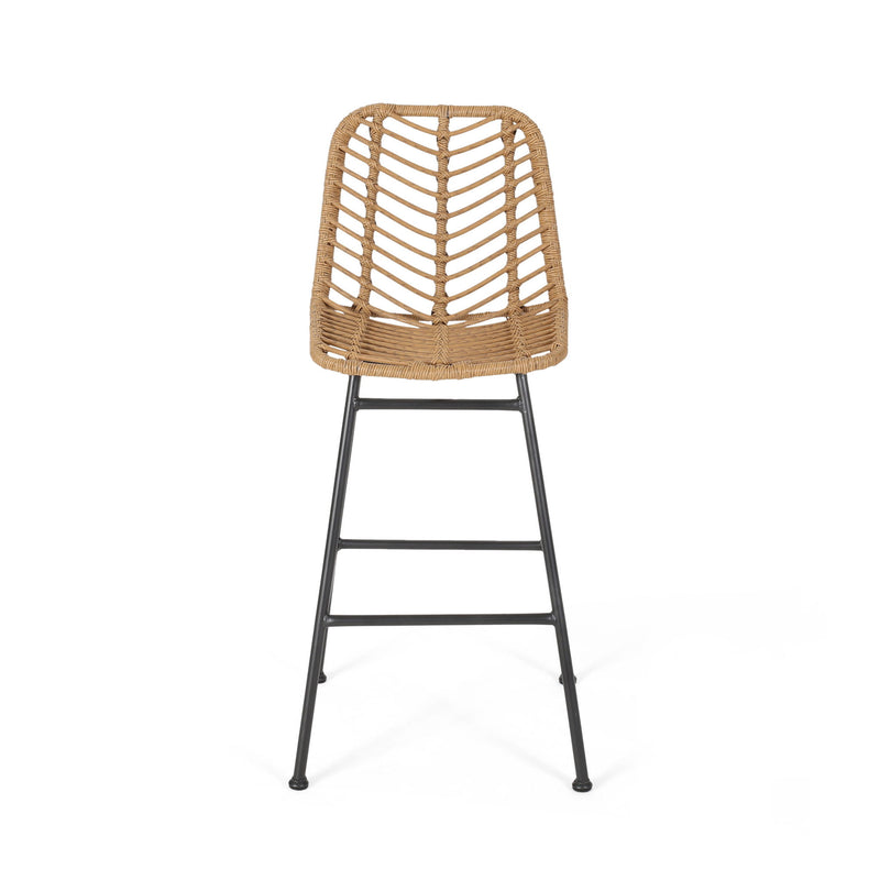Set of two Noble House Sawtelle outdoor wicker barstools with cushioned seats and metal frames, perfect for patio seating.