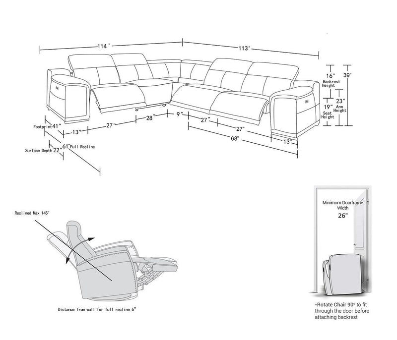 2679 - 5-Piece L-Shaped Power Reclining Sectional In Genuine Leather (3 Recliners)