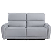 Gray synthetic leather Jeromie ACME power motion reclining sofa with USB port, featuring plush seating and modern design.