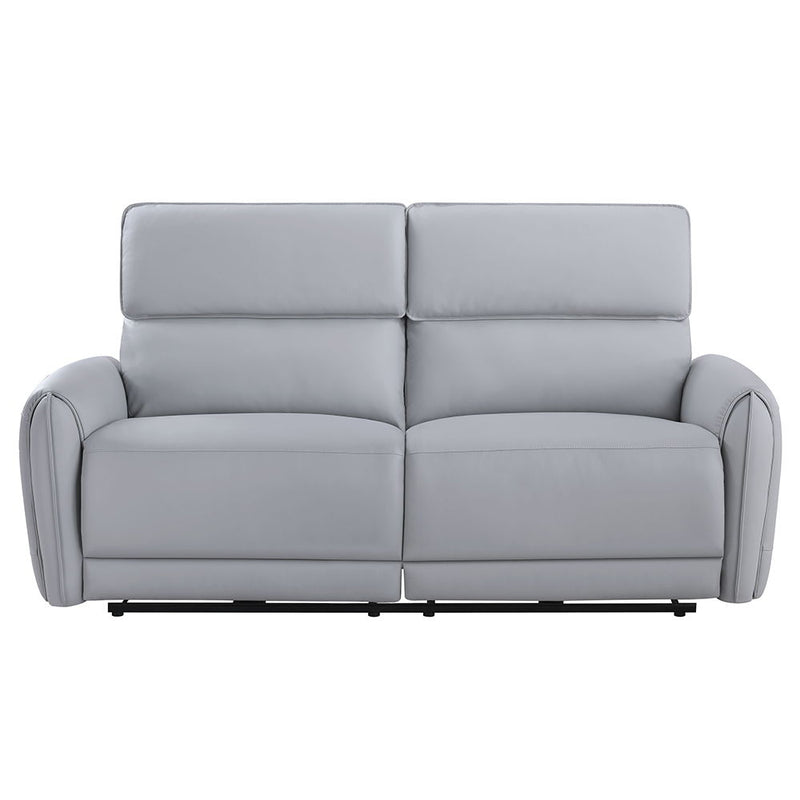 Gray synthetic leather Jeromie ACME power motion reclining sofa with USB port, featuring plush seating and modern design.