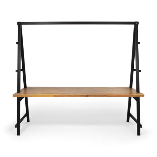 Noble House Huckleberry acacia wood outdoor dining table with built-in plant hanger, teak finish, sturdy and stylish for outdoor dining.