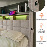 Artistry At Home upholstered platform bed with hydraulic storage, LED lighting, and USB charging ports, shown without mattress.