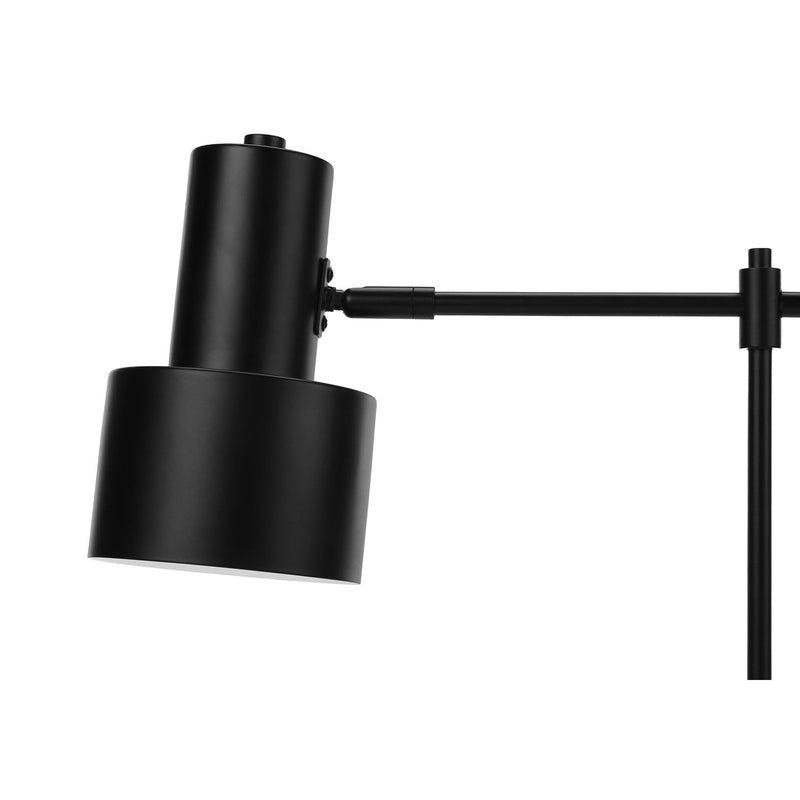 Modern black 8th Street table lamp with USB port, featuring a sleek design and illuminated lampshade.