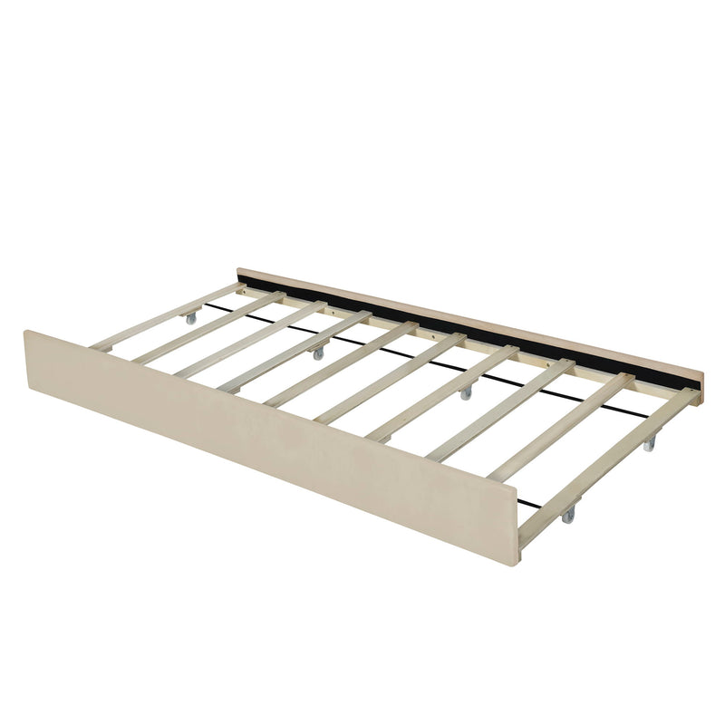 DreamHaus platform upholstered storage bed with two drawers and twin long trundle, featuring a padded headboard and sleek design