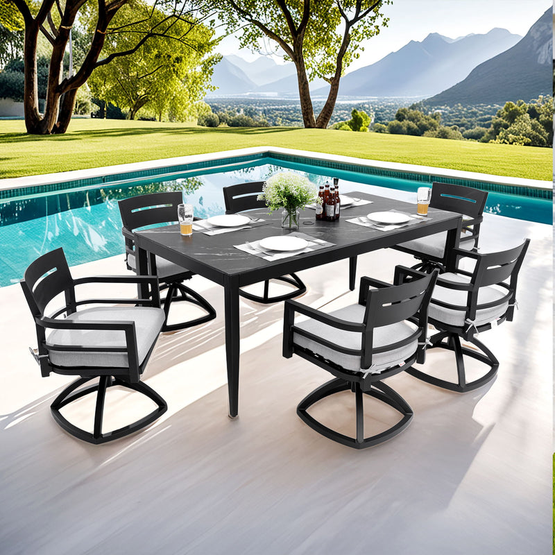 Modern Outdoor Patio Dining Set With Table And Chairs With Sunbrella Cushions - R&R Furniture Gallery (Fountain Valley, CA)