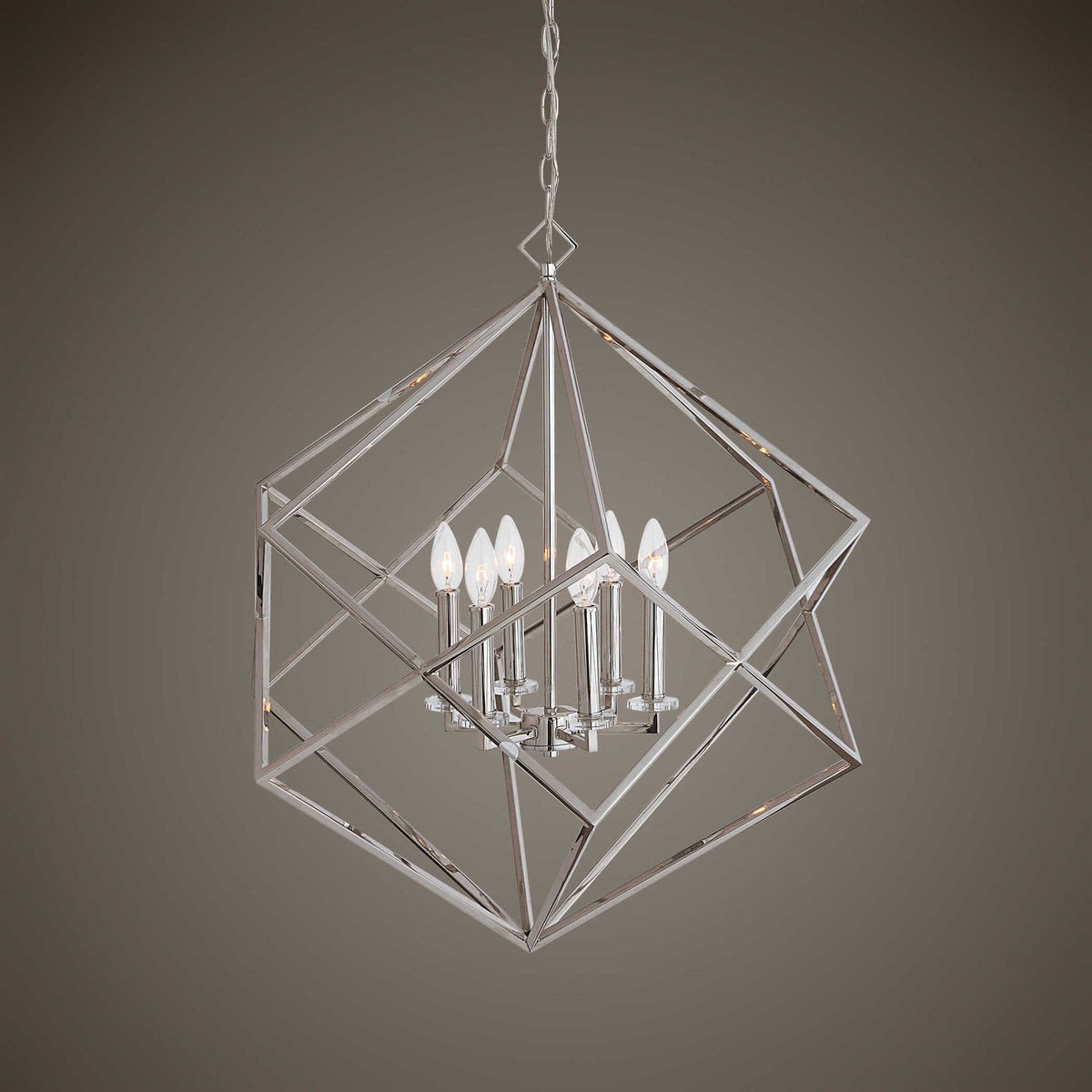 Uttermost Euclid 6-light cube pendant in nickel, modern pendant lighting fixture with geometric cube design and brushed metal finish.