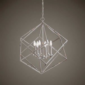 Uttermost Euclid 6-light cube pendant in nickel, modern pendant lighting fixture with geometric cube design and brushed metal finish.