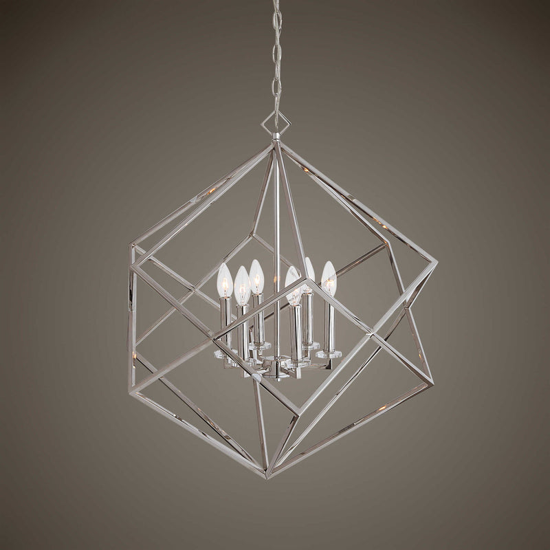 Uttermost Euclid 6-light cube pendant in nickel, modern pendant lighting fixture with geometric cube design and brushed metal finish.