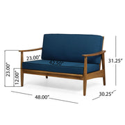 Noble House outdoor acacia wood loveseat set with two seats and a matching coffee table on a patio.