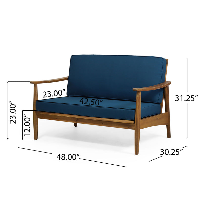 Noble House outdoor acacia wood loveseat set with two seats and a matching coffee table on a patio.