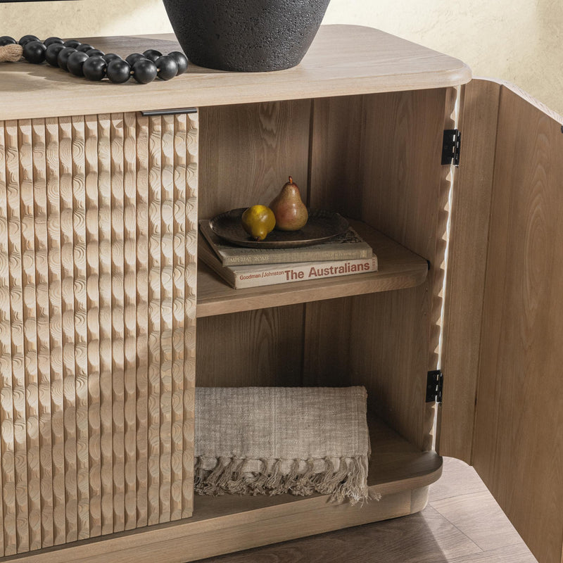 Classic Home Harbor 4-door buffet cabinet with a sleek wooden finish and modern design, perfect for dining or living room storage.