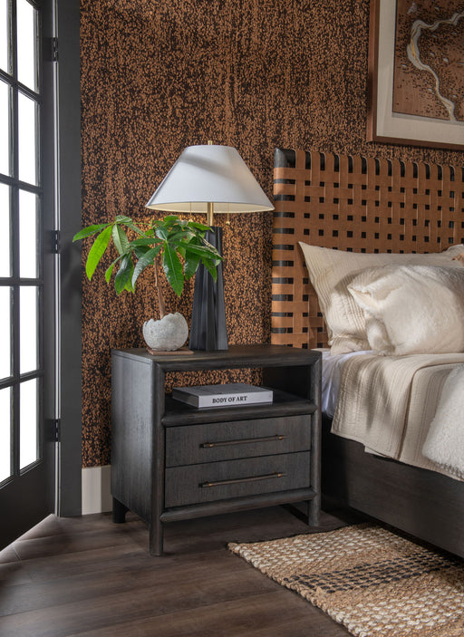 Modus Dorsey two-drawer USB-charging nightstand in Basalt Grey with sleek design and modern hardware.