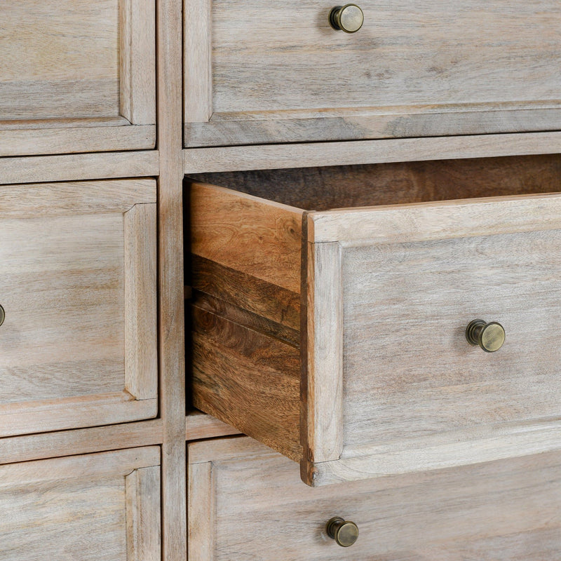 Natural cream wash Adelaide 9-drawer dresser by Classic Home, showcasing sleek wood finish and spacious storage drawers.