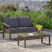 Noble House Samwell outdoor 2-piece coffee table and loveseat set with cushioned seating and modern design for patio or garden.