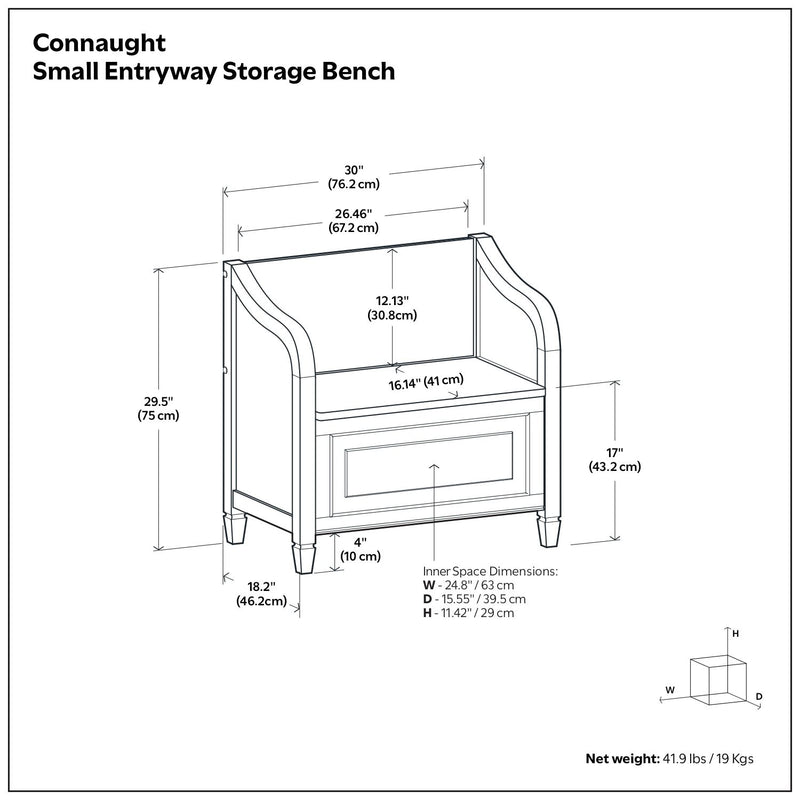 Simpli-Home Connaught storage bench with cushioned top and wooden legs, ideal for entryways or living room storage.