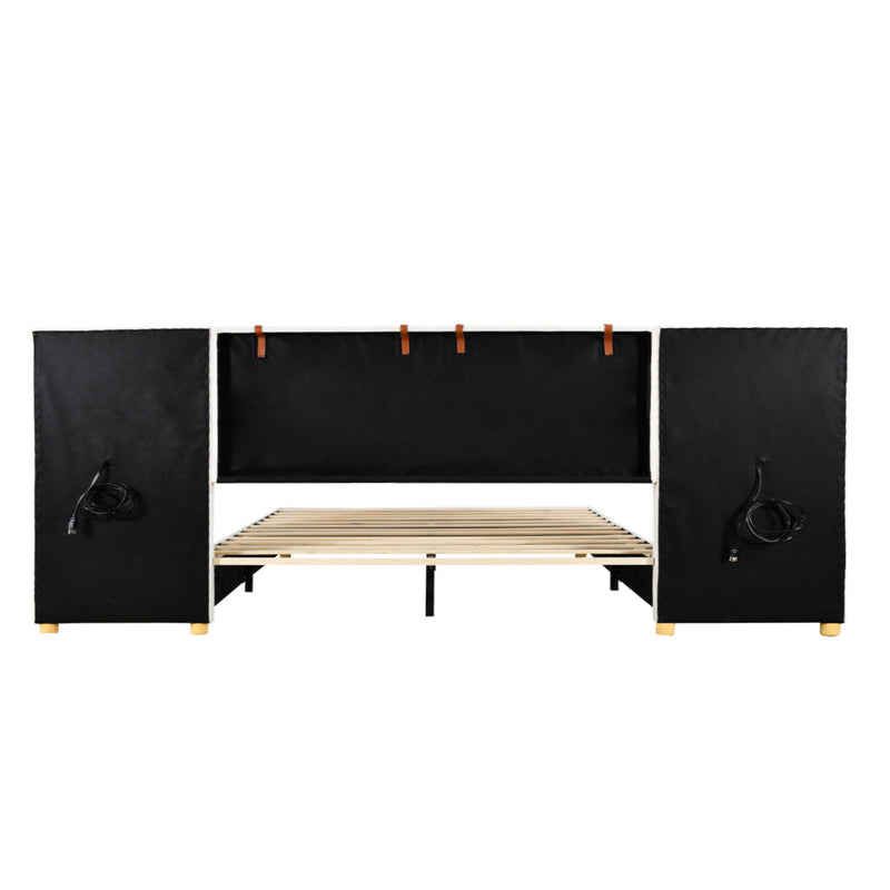 Upholstered Platform Bed, 2 Outlets And USB Charging Ports On Both Sides, 2 Bedside Pillows, Storage Shelves - R&R Furniture Gallery (Fountain Valley, CA)