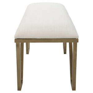 White geometric accent bench by Uttermost with a modern design, ideal for entryways or living spaces.