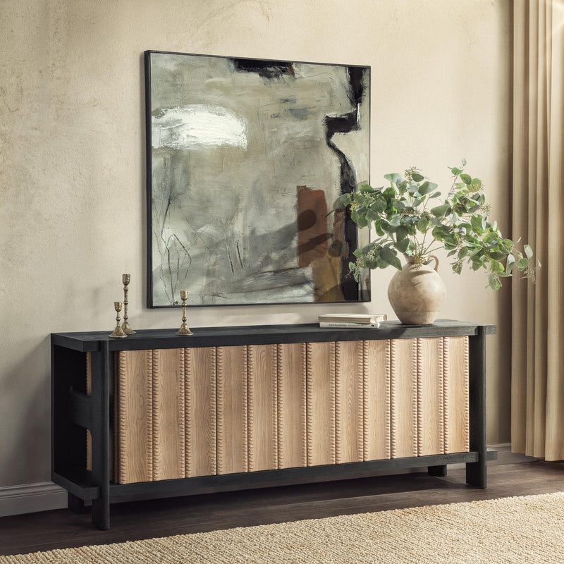 Classic Home Ellison 4-door Shoreline Noir buffet cabinet with sleek black finish and modern design, showcasing four spacious doors.