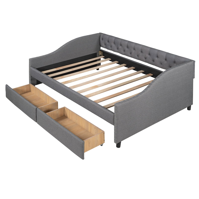 DreamHaus upholstered storage daybed with two drawers and wood slat support, ideal for stylish and functional bedroom furniture.