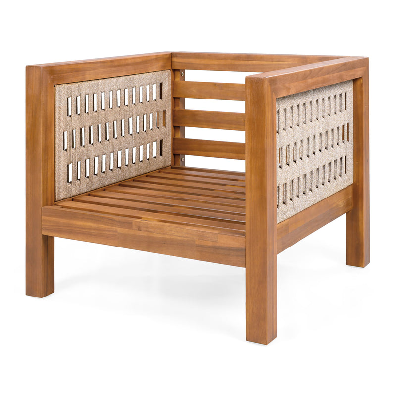 Noble House outdoor club arm chair with rope armrests and plush cushions, perfect for patio or garden seating.
