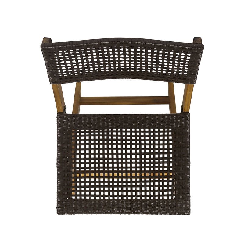 Noble House bistro foldable armless chair with wicker backrest and wooden legs, showcasing a stylish, lightweight design for outdoor or indoor use.